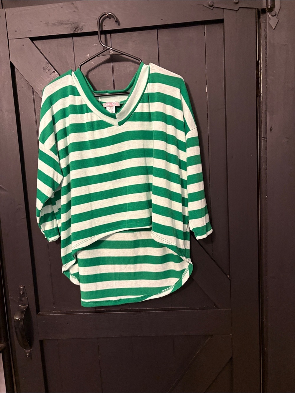 Striped Green and White V-Neck Women's Top